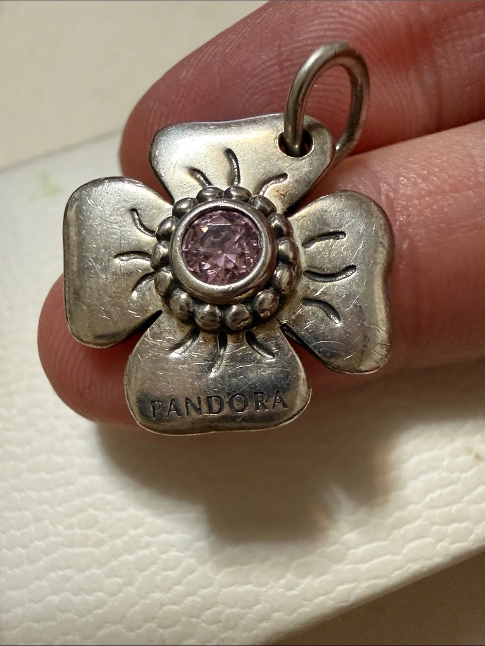 Pandora Sterling Silver 925 Flower Charm Pendant W/Pink Center Crystal W/Box